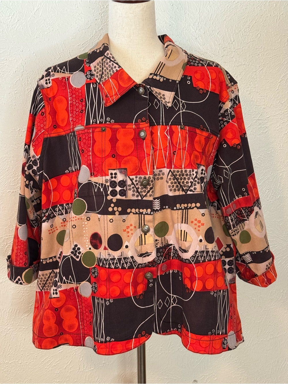 Women's Orange and Autumn Hues Patterned Button-Front Jacket 2X